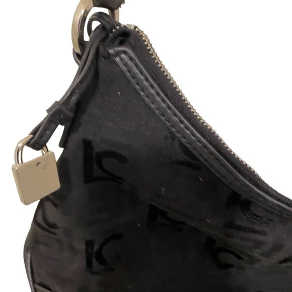 Liz Claiborne Womens Handbag Purse Black Logo Print Medium Silver Detail - Picture 4 of 6